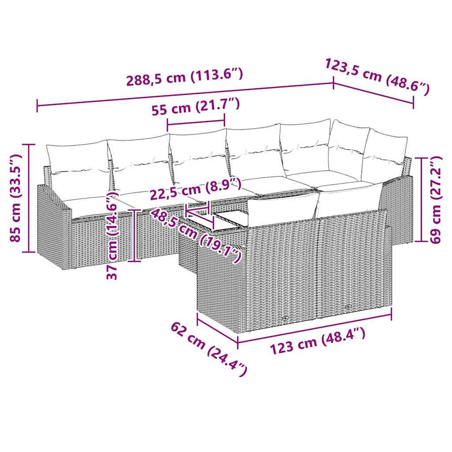 Bankstel met kussen 9 pcs Grijs poly rattan