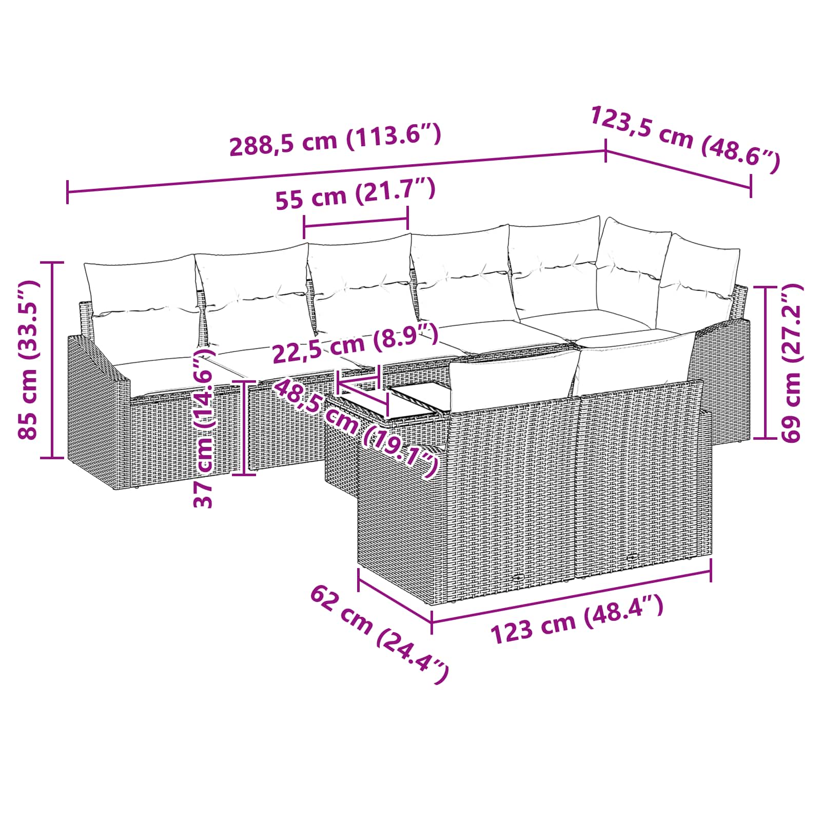 Bankstel met kussen 9 pcs Zwart poly rattan