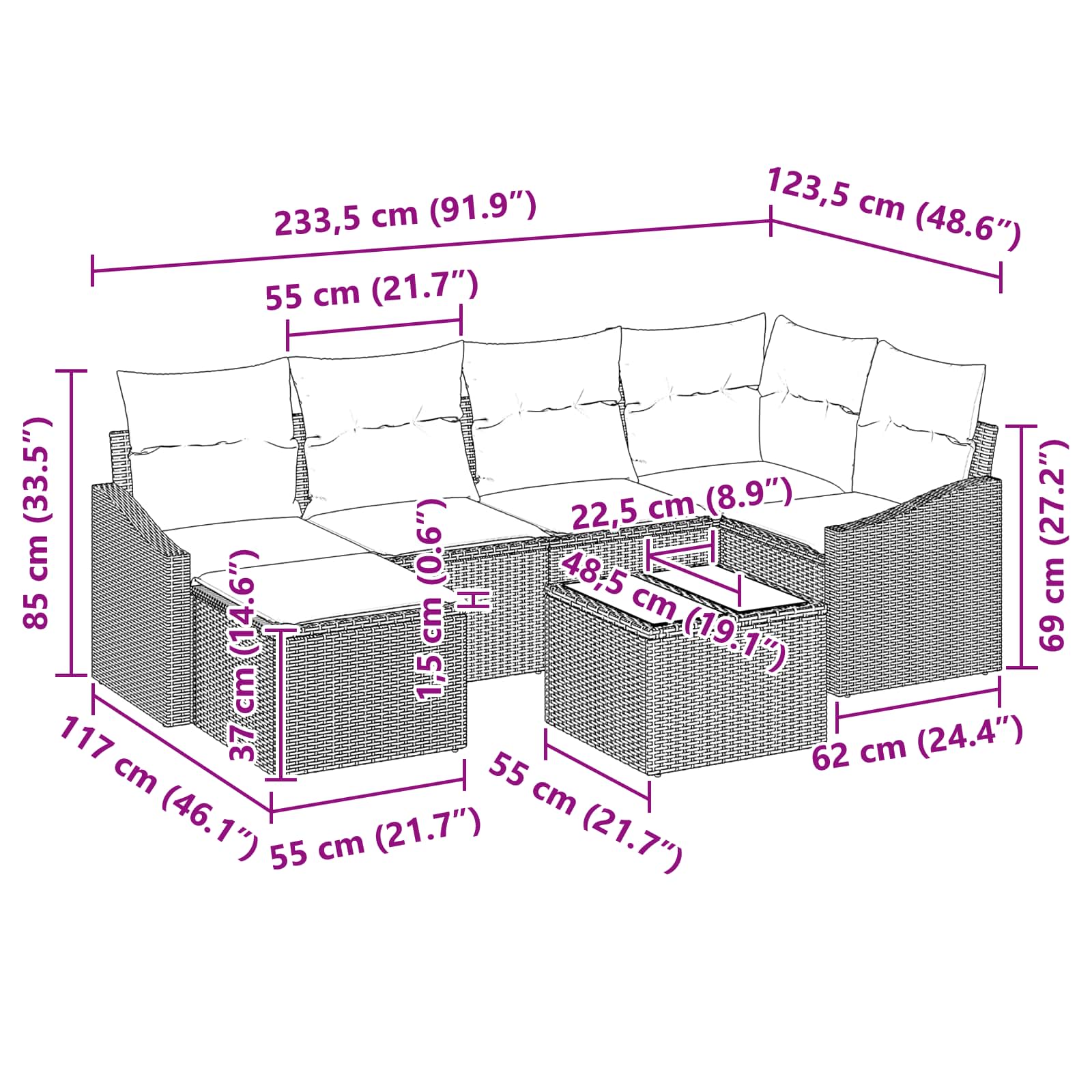 Bankstel met kussen 7 pcs Zwart poly rattan