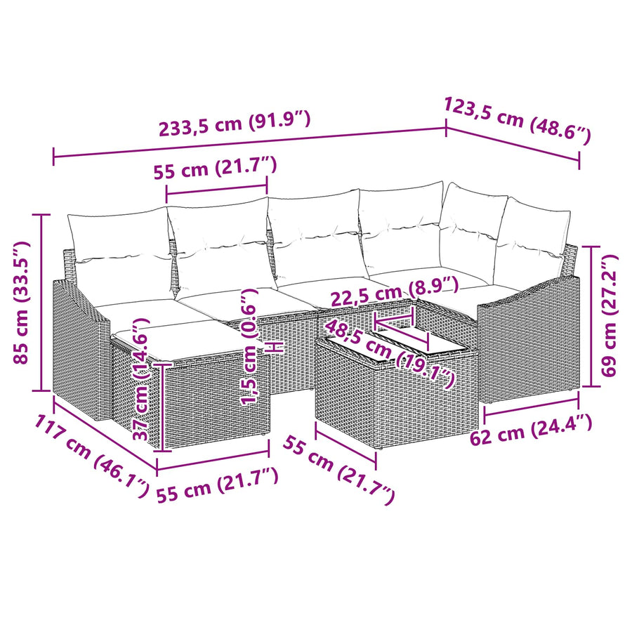 Bankstel met kussen 7 pcs Zwart poly rattan