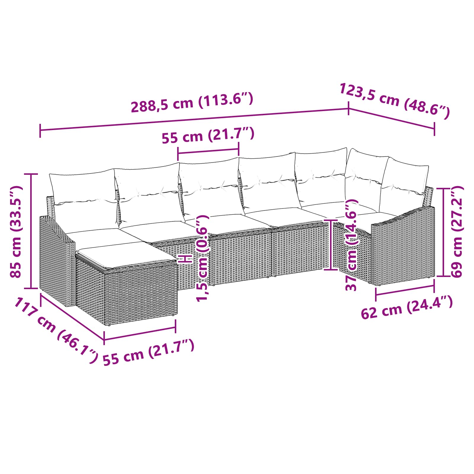 Bankstel met kussen 7 pcs Zwart poly rattan