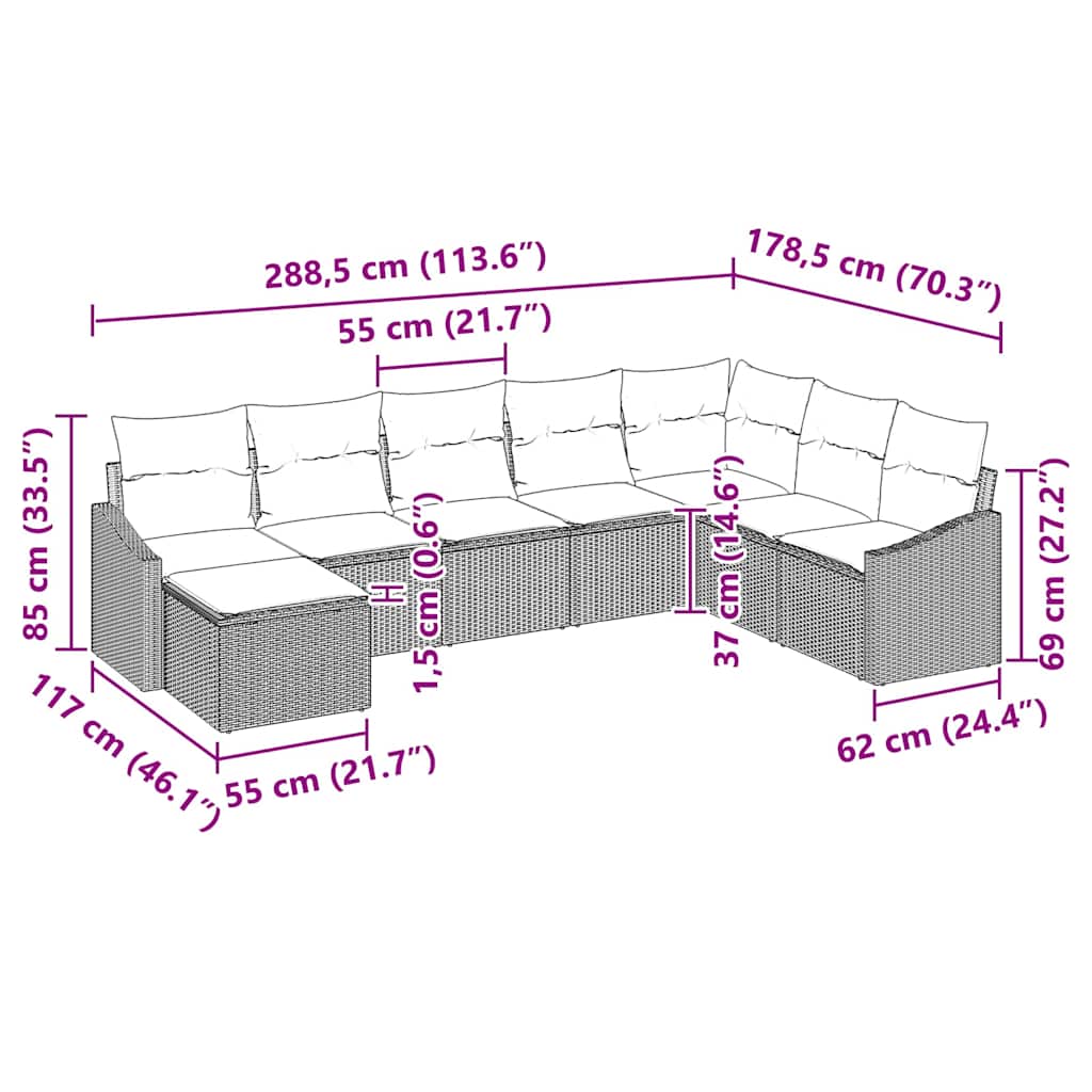 Bankstel met kussen 8 pcs Zwart poly rattan
