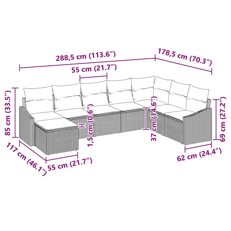 Bankstel met kussen 8 pcs Zwart poly rattan