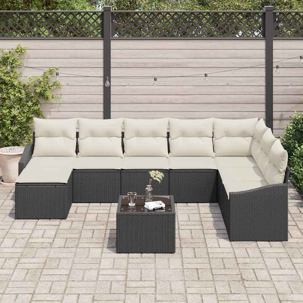 Bankstel met kussen 9 pcs Zwart poly rattan