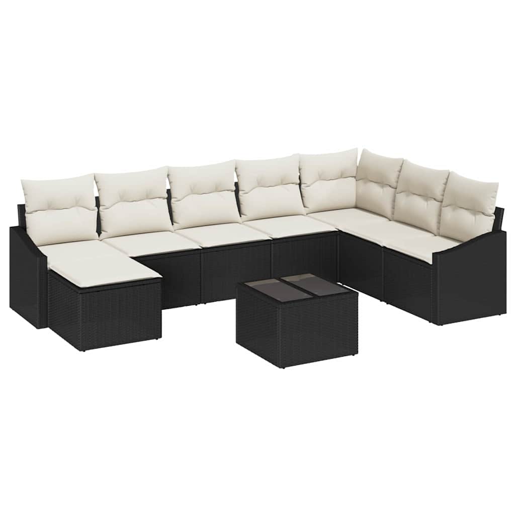 Bankstel met kussen 9 pcs Zwart poly rattan