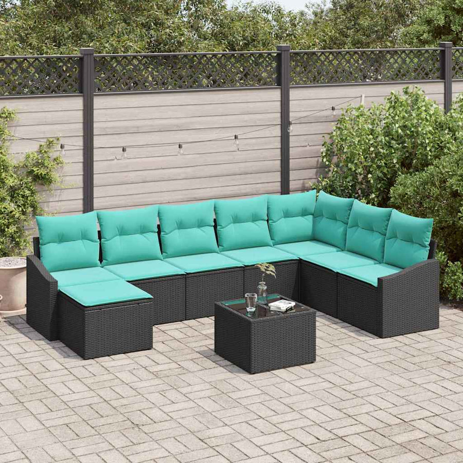 Bankstel met kussen 9 pcs Zwart poly rattan