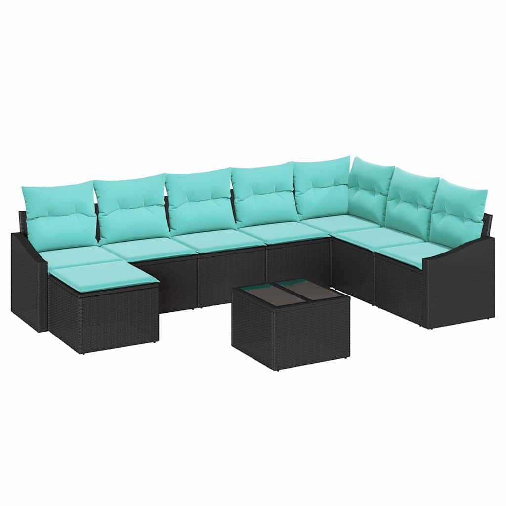 Bankstel met kussen 9 pcs Zwart poly rattan