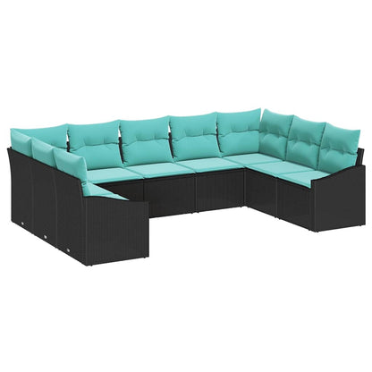 Bankstel met kussen 9 pcs Zwart poly rattan