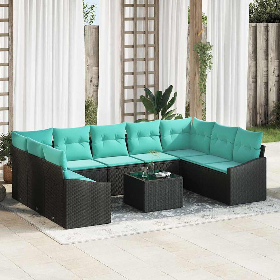Bankstel met kussen 10 pcs Zwart poly rattan