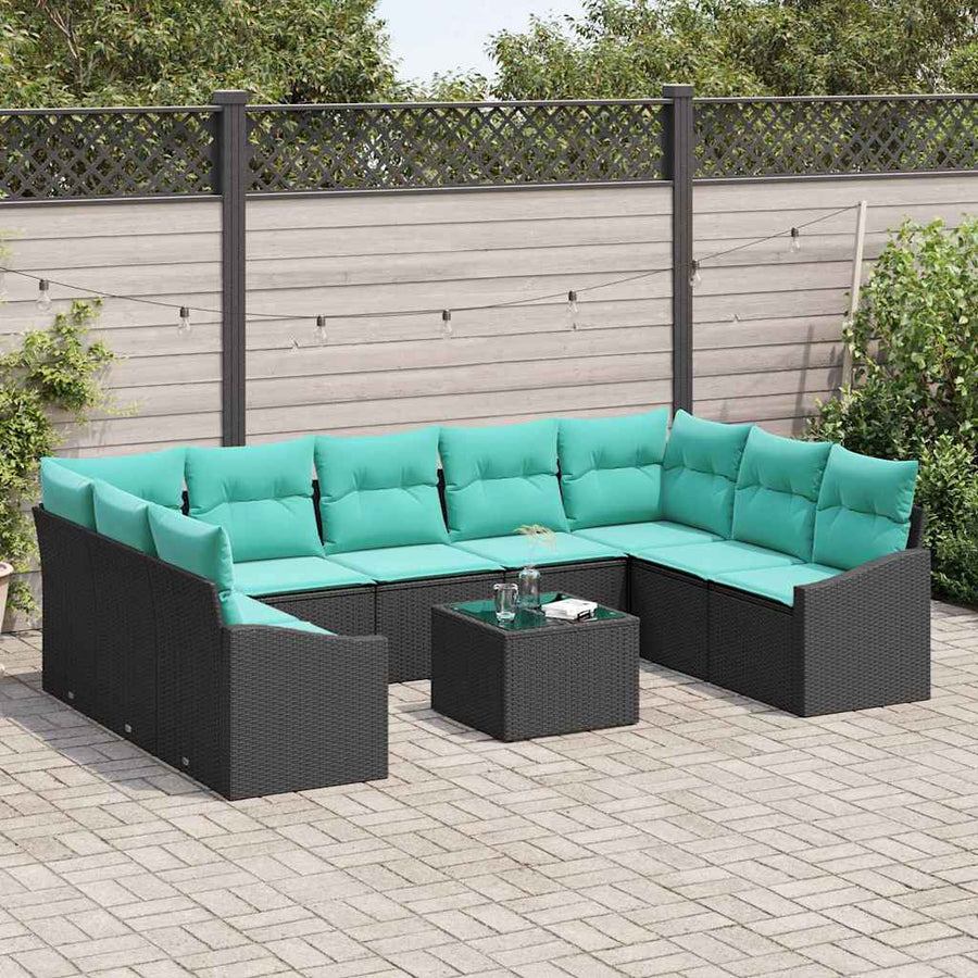 Bankstel met kussen 10 pcs Zwart poly rattan