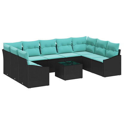 Bankstel met kussen 10 pcs Zwart poly rattan