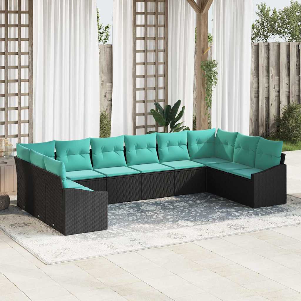 Bankstel met kussen 10 pcs Zwart poly rattan