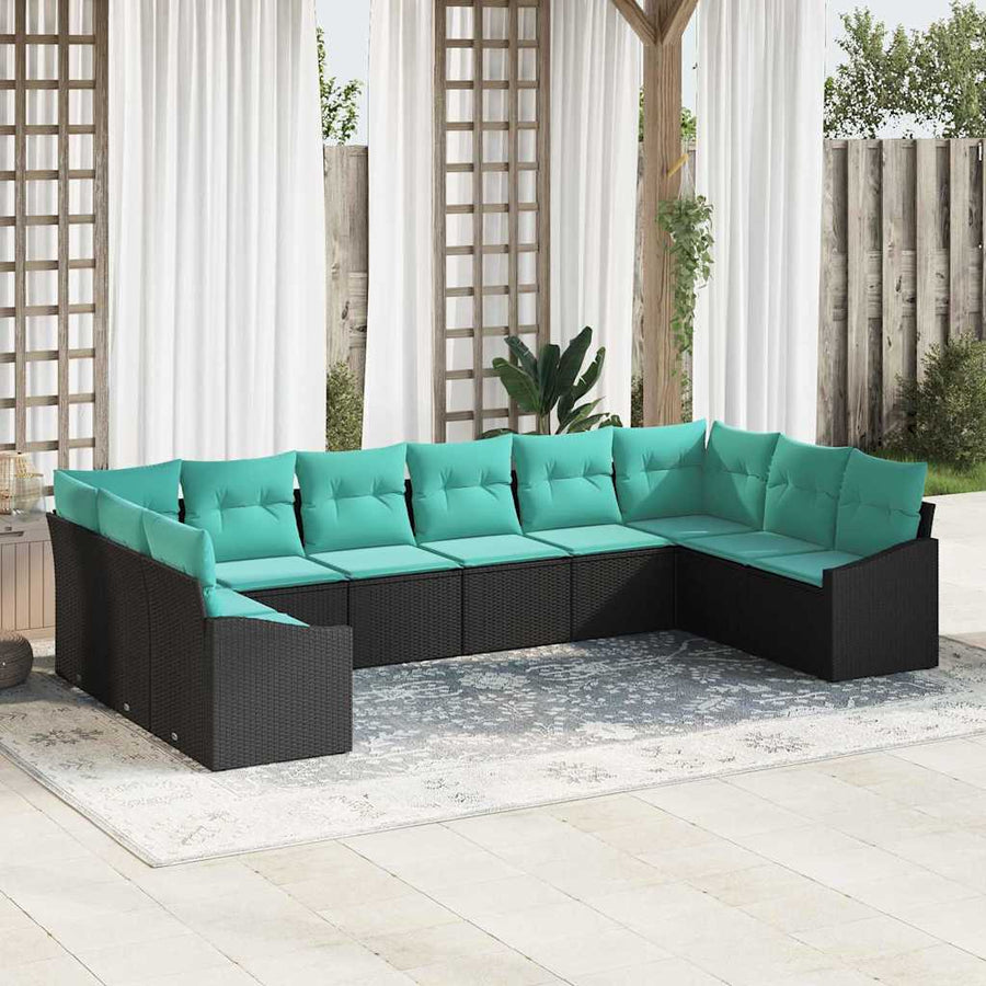 Bankstel met kussen 10 pcs Zwart poly rattan