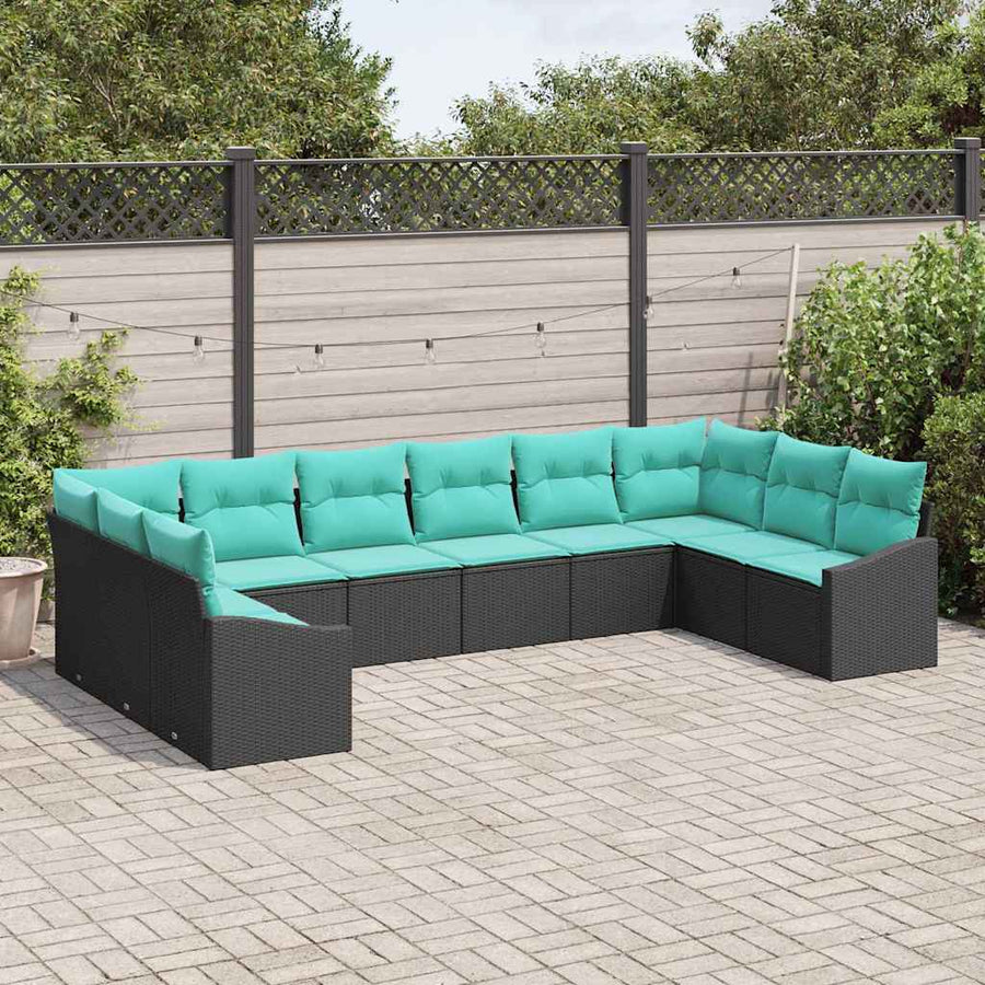 Bankstel met kussen 10 pcs Zwart poly rattan