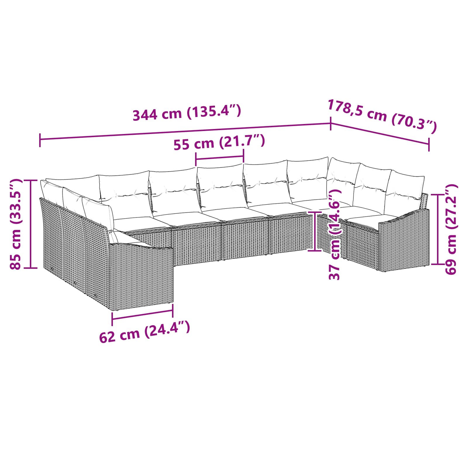 Bankstel met kussen 10 pcs Zwart poly rattan