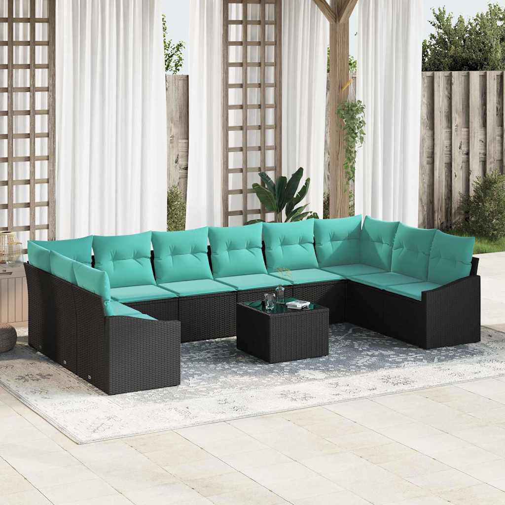 Bankstel met kussen 11 pcs Zwart poly rattan