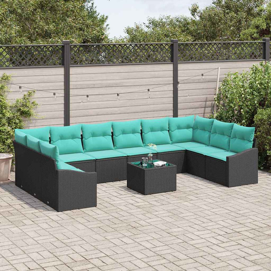 Bankstel met kussen 11 pcs Zwart poly rattan