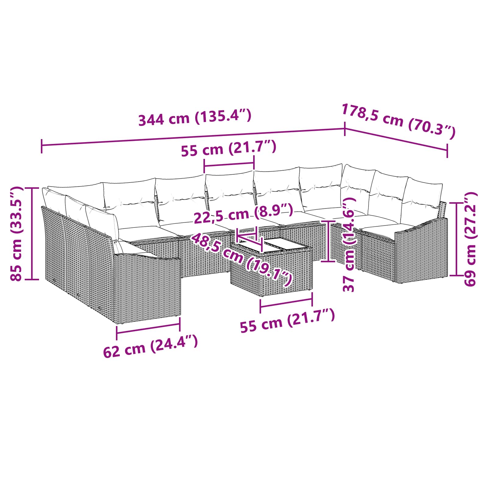 Bankstel met kussen 11 pcs Zwart poly rattan