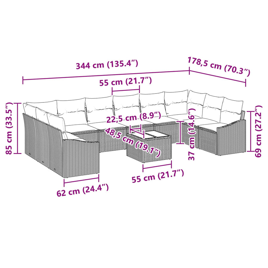 Bankstel met kussen 11 pcs Zwart poly rattan