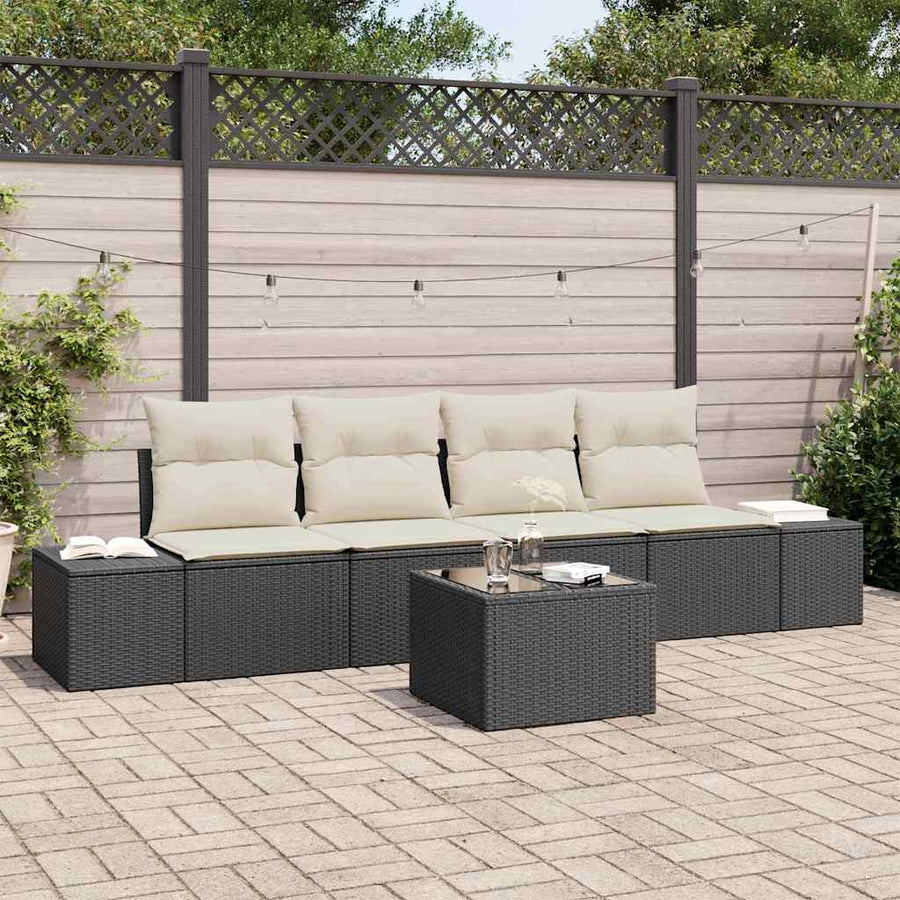 Bankstel met kussen met kussen 5 pcs Zwart en Crème poly rattan