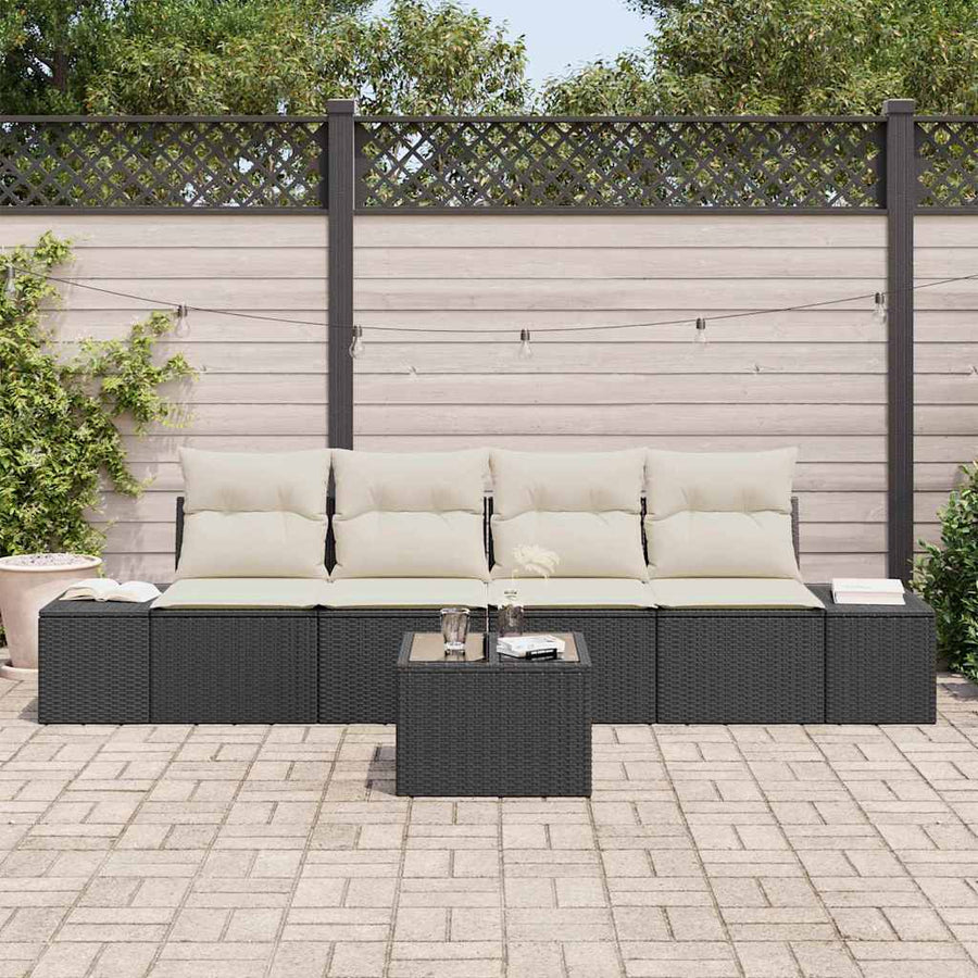 Bankstel met kussen met kussen 5 pcs Zwart en Crème poly rattan