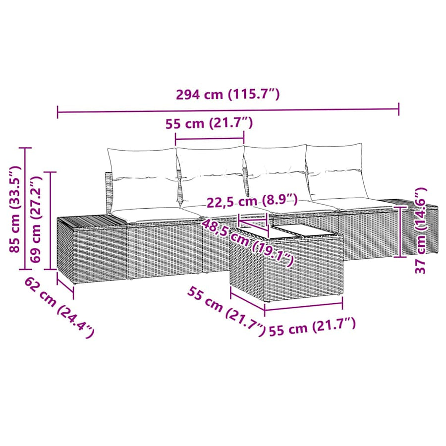 Bankstel met kussen 5 pcs Beige en Licht Grijs poly rattan