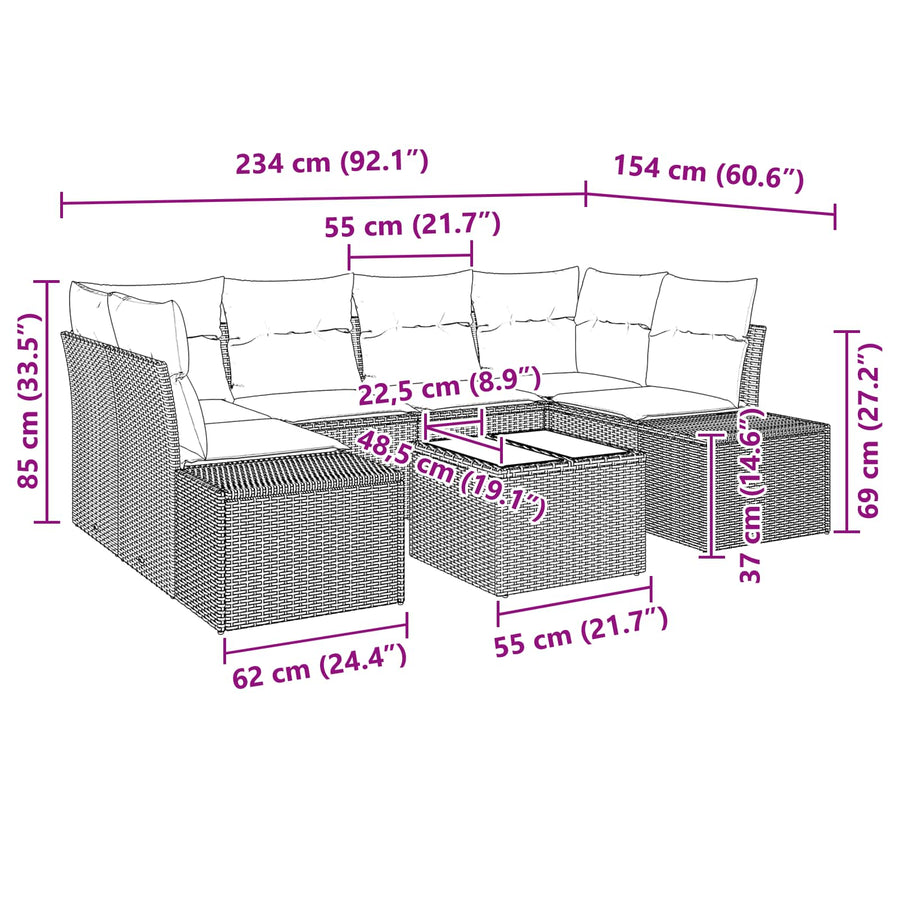 Tuin Sofa Set met kussen 7 pcs Zwart poly rattan