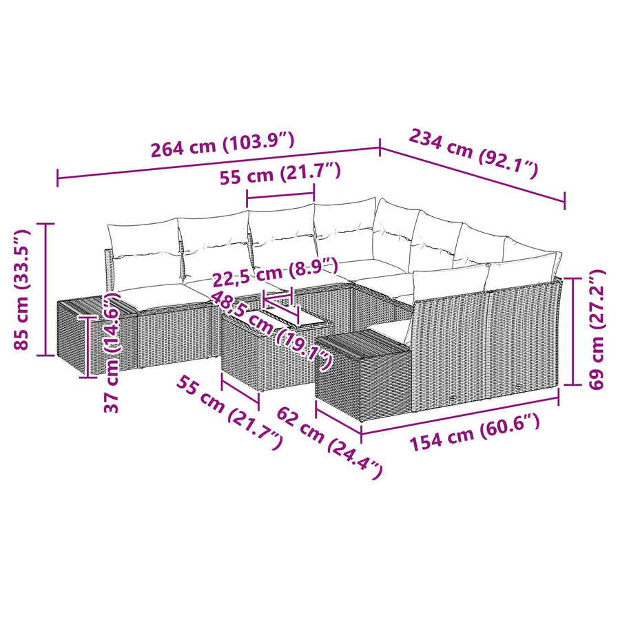 Tuin Sofa Set met kussen 9 pcs Zwart poly rattan