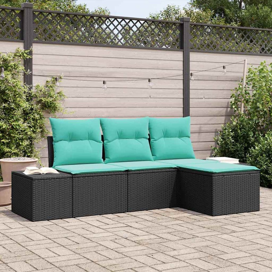 Bankstel met kussen 4 pcs Zwart Poly Rattan
