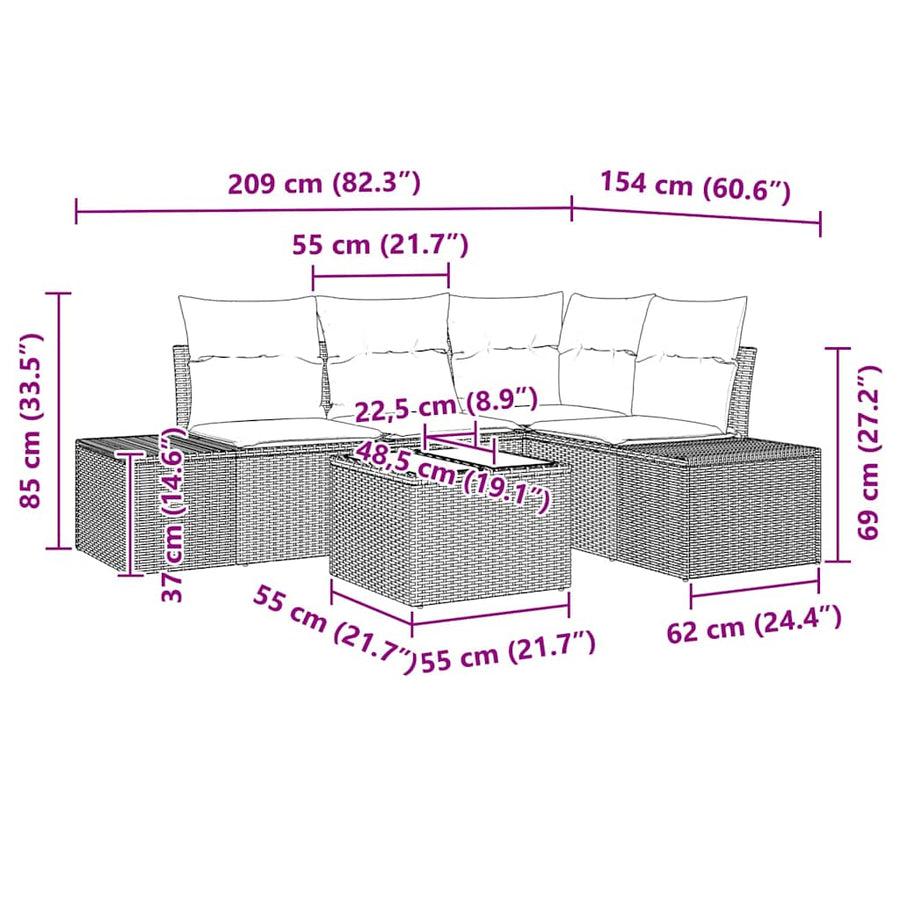 Tuin Sofa Set 5 pcs Beige poly rattan