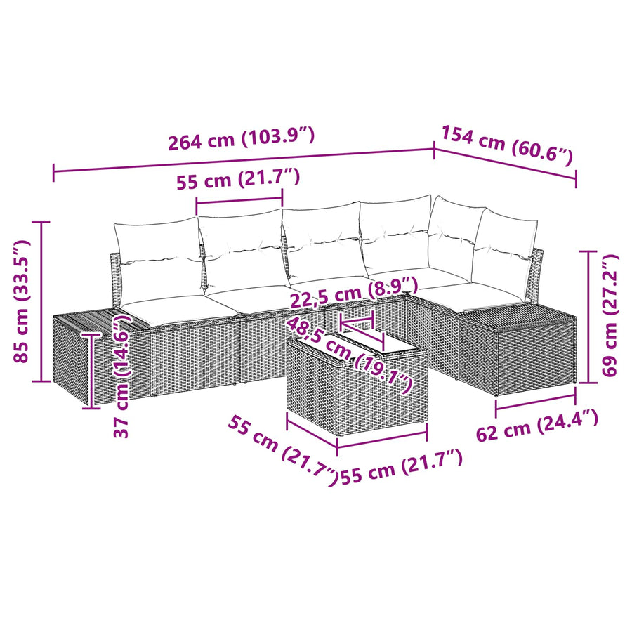 Tuin Sofa Set met kussen 6 pcs Zwart poly rattan