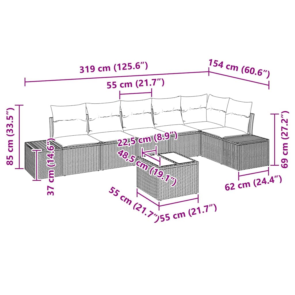Tuin Sofa Set met kussen 7 pcs Lichtgrijs poly rattan