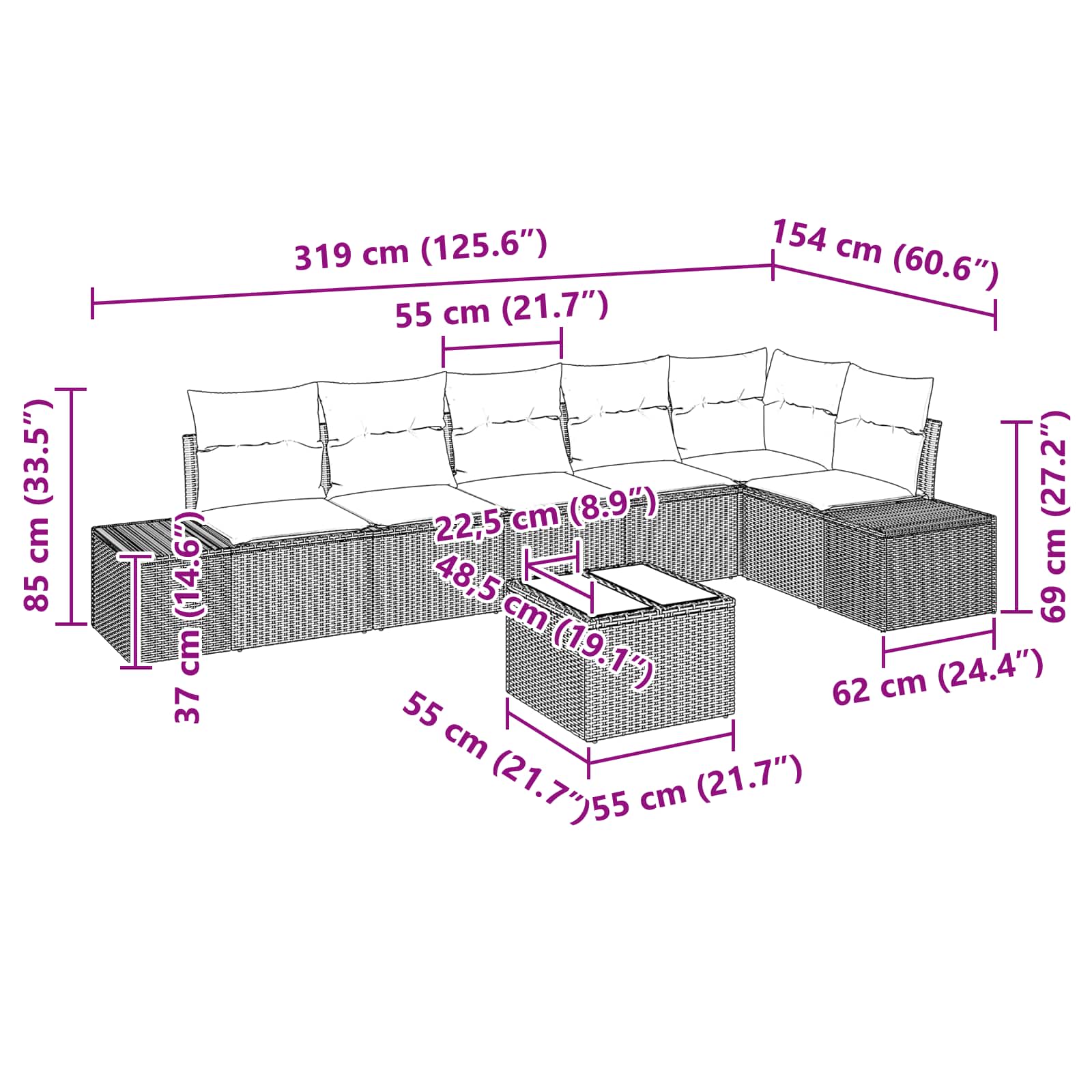 Tuin Sofa Set met kussen 7 pcs Bruin poly rattan