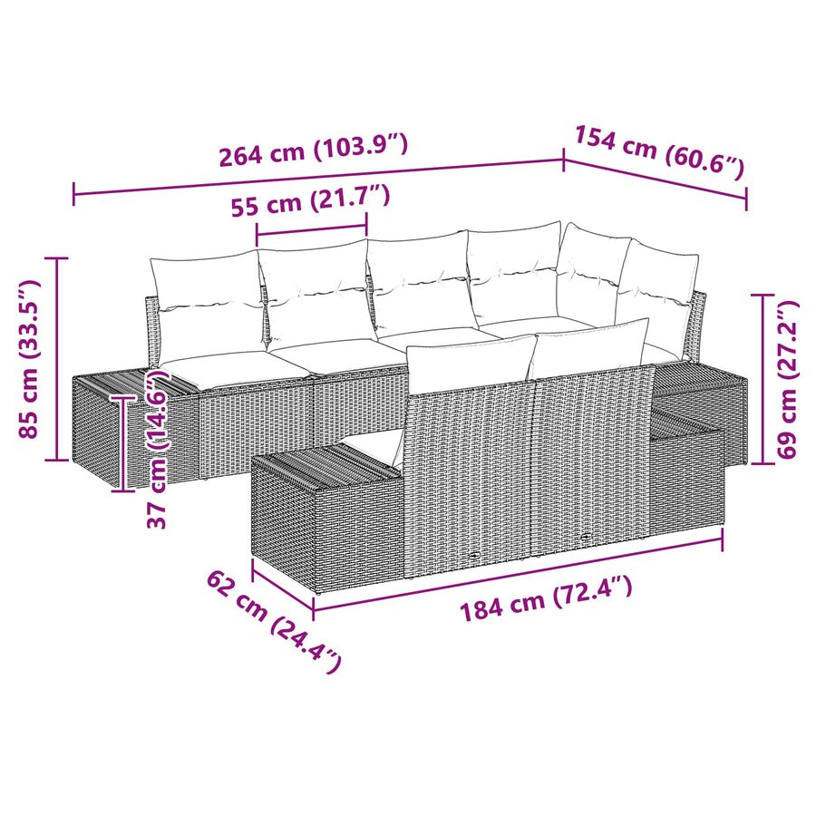 Tuin Sofa Set met kussen 7 pcs Bruin poly rattan