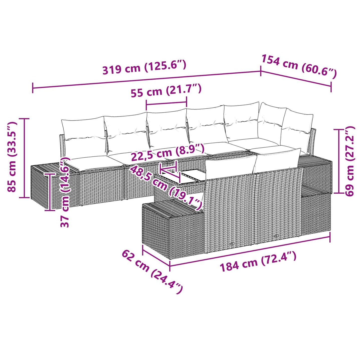 Tuin Sofa Set met kussen 9 pcs Bruin poly rattan