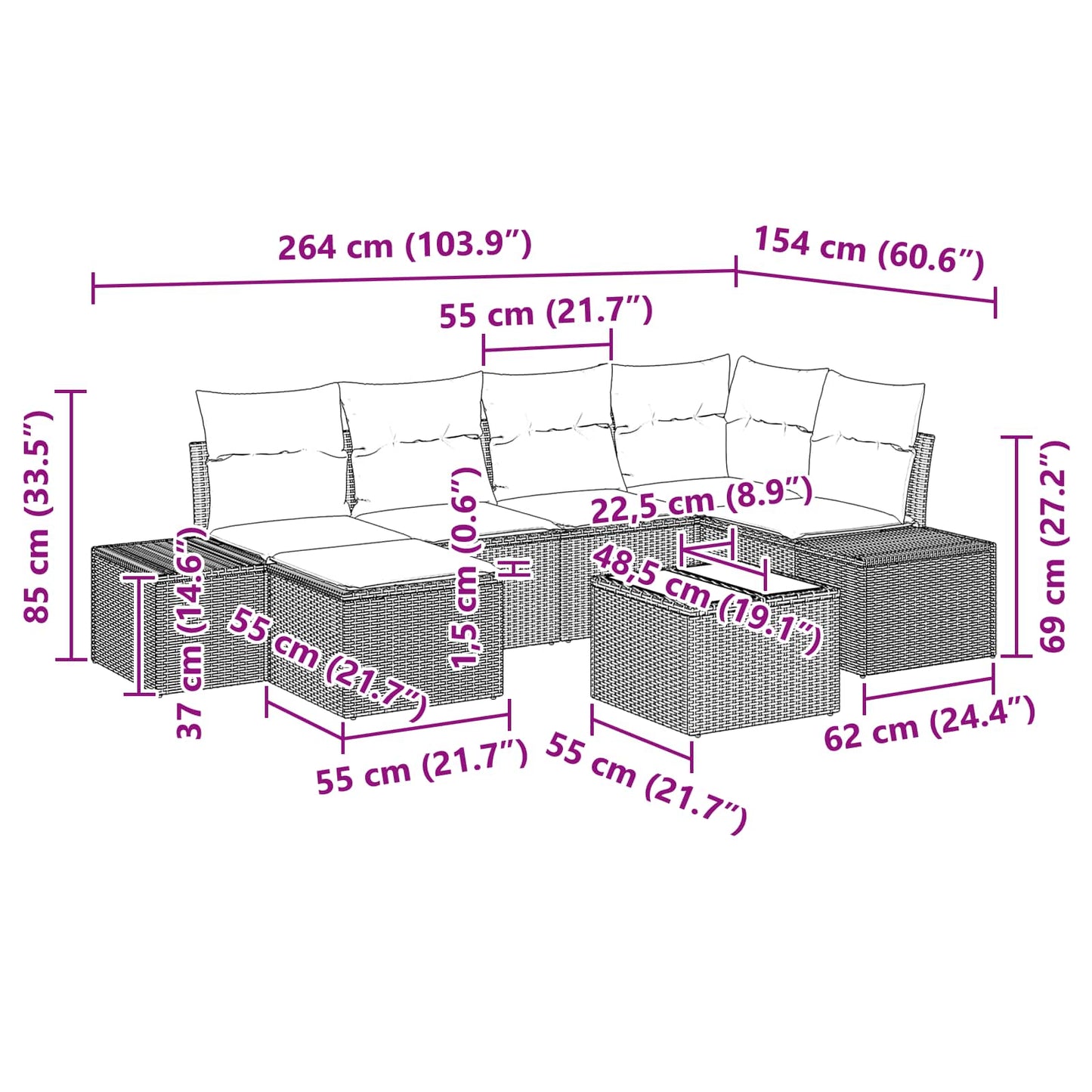 Tuin Sofa Set met kussen 7 pcs Bruin poly rattan