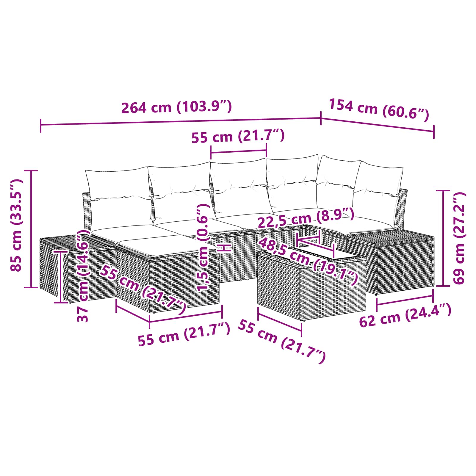 Tuin Sofa Set met kussen 7 pcs Bruin poly rattan