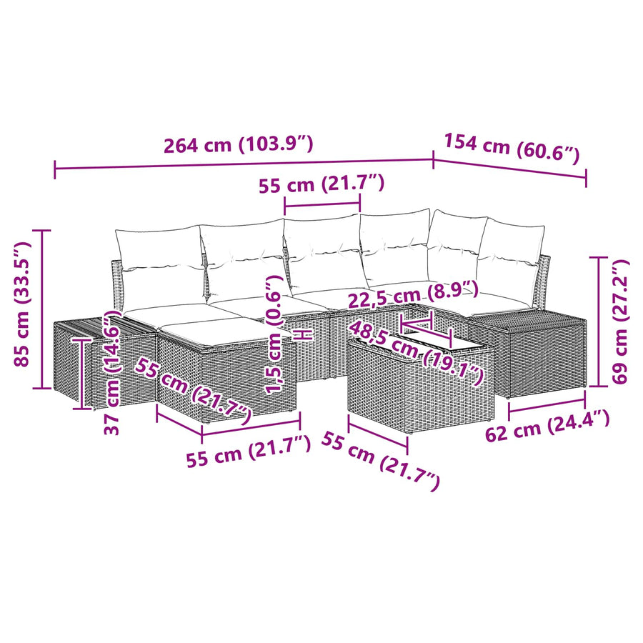 Tuin Sofa Set met kussen 7 pcs Bruin poly rattan