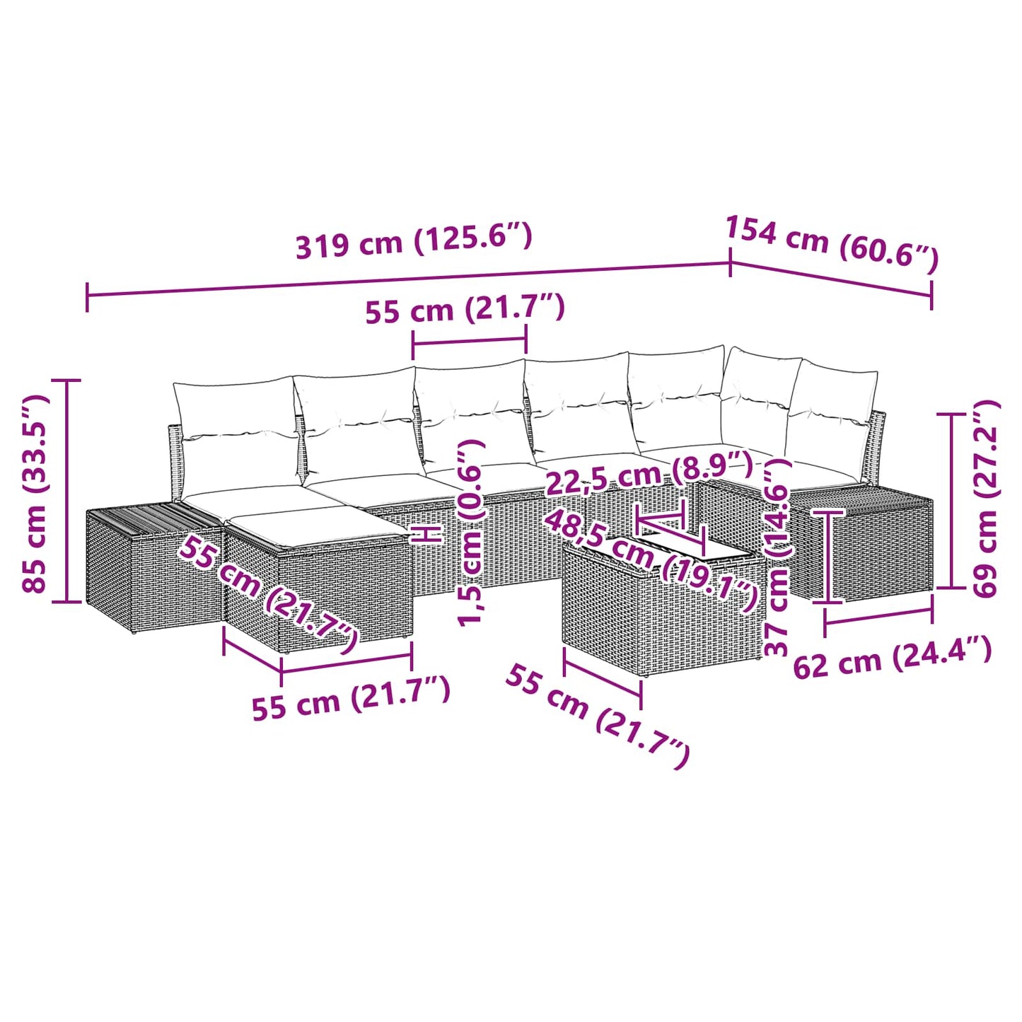 Tuin Sofa Set met kussen 8 pcs Bruin poly rattan