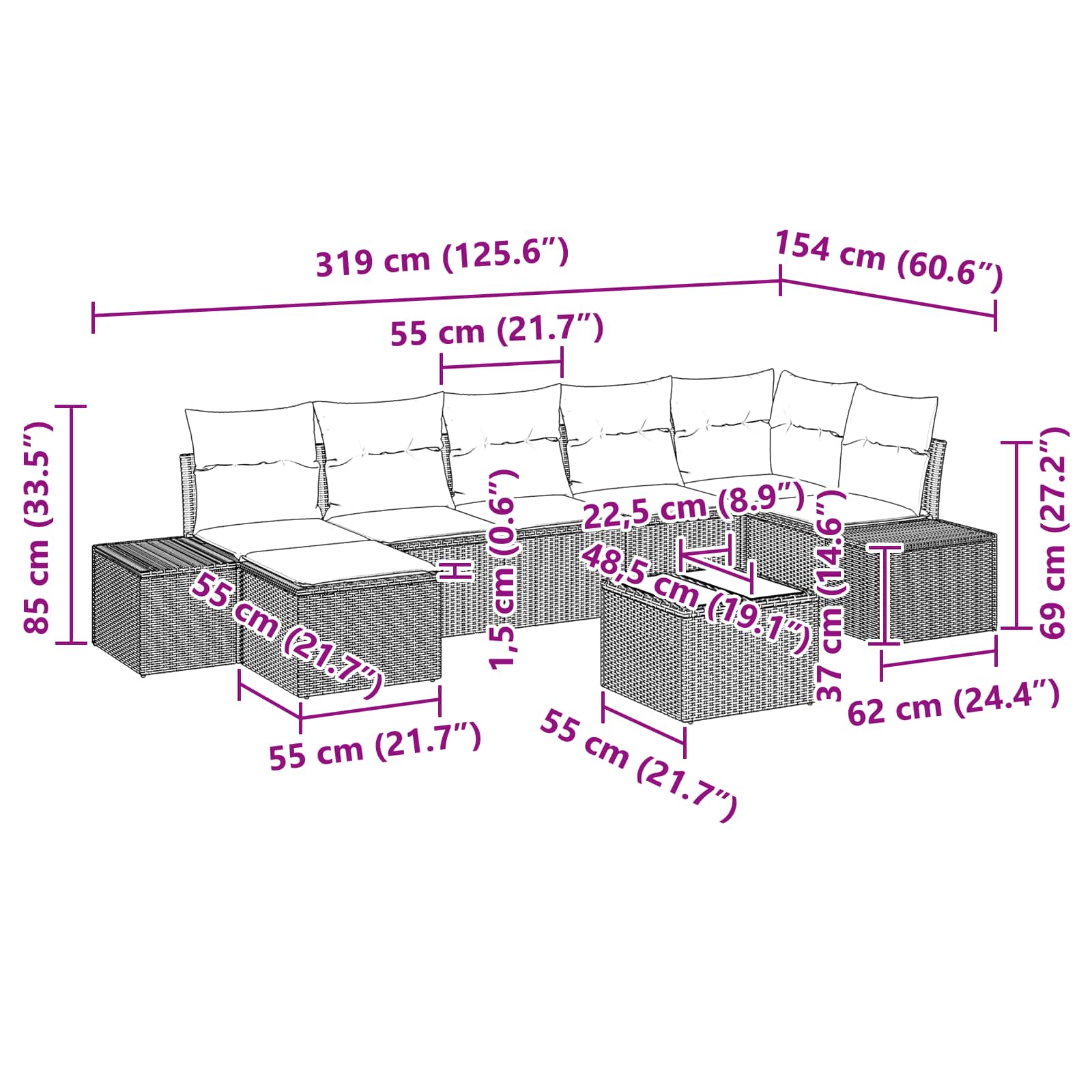 Tuin Sofa Set met kussen 8 pcs Bruin poly rattan