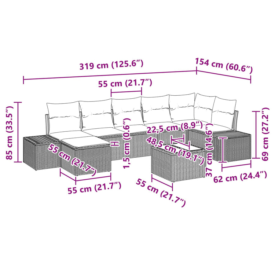 Tuin Sofa Set met kussen 8 pcs Bruin poly rattan