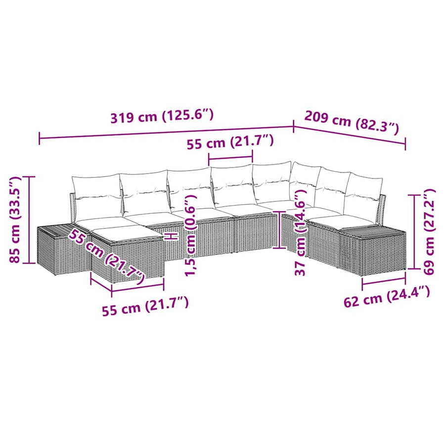 Tuin Sofa Set met kussen 8 pcs Zwart poly rattan