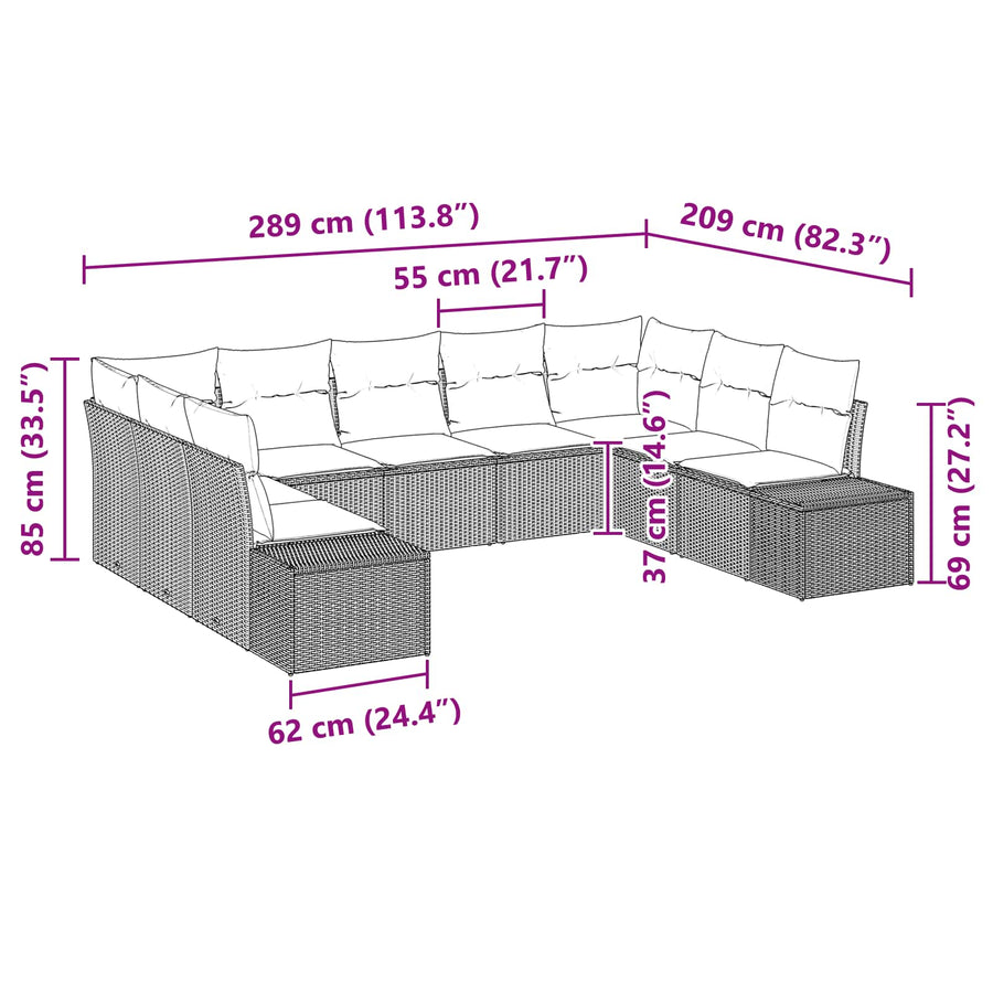 Tuin Sofa Set met kussen 9 pcs Bruin poly rattan
