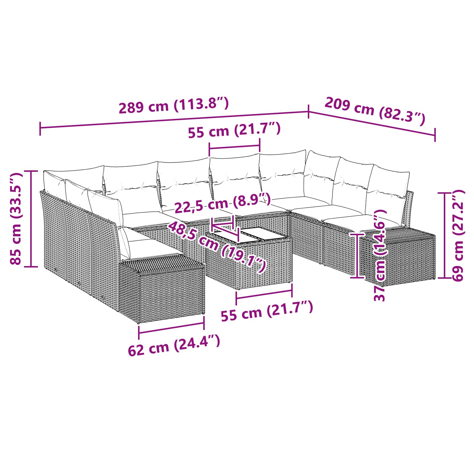 Tuin Sofa Set met kussen 10 pcs Bruin poly rattan