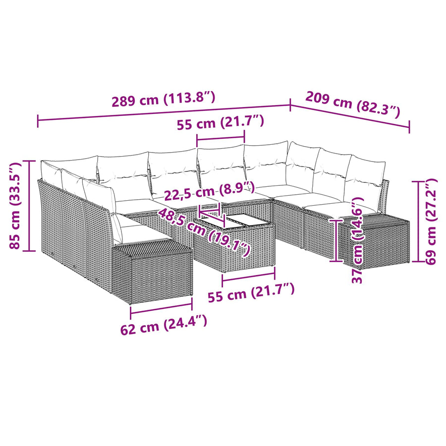 Tuin Sofa Set met kussen 10 pcs Bruin poly rattan