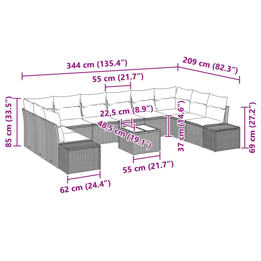 Tuin Sofa Set met kussen 11 pcs Zwart poly rattan