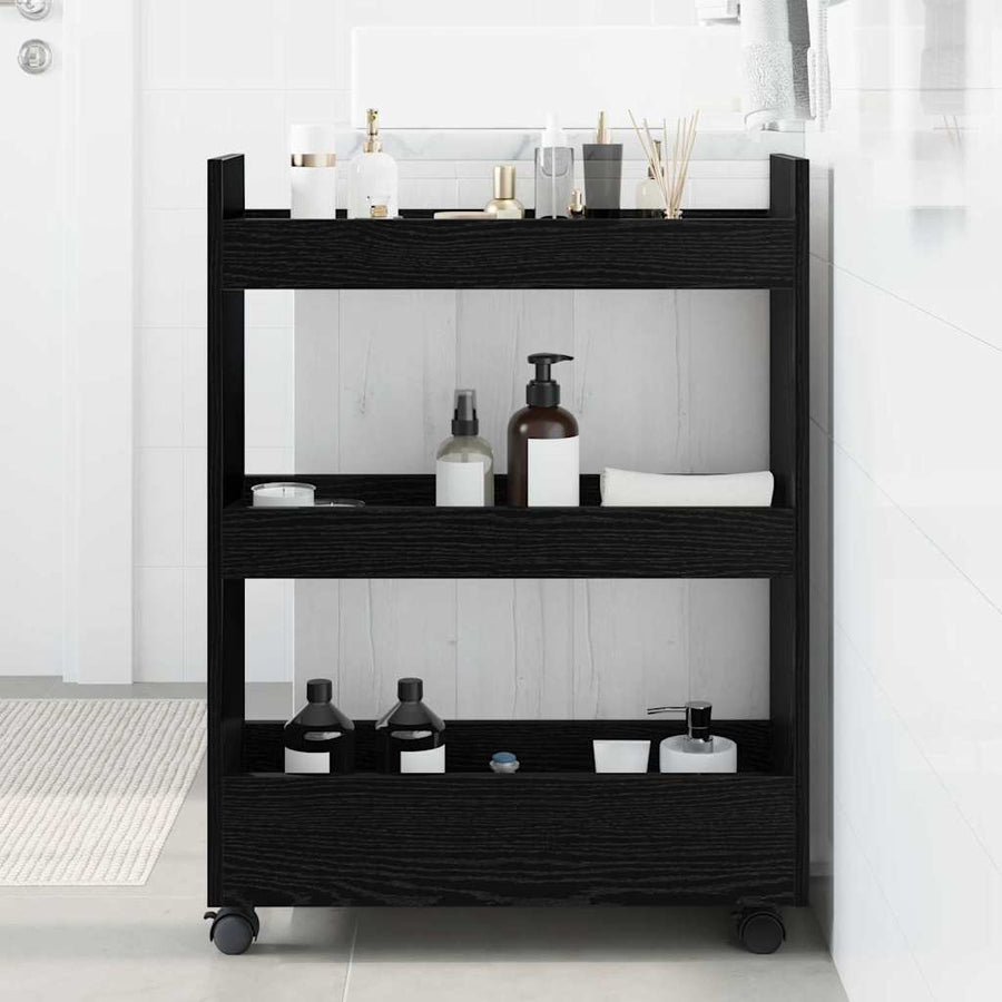 Smalle Opbergtrolley Zwart Eiken 60 x 22 x 80 cm Bewerkt hout