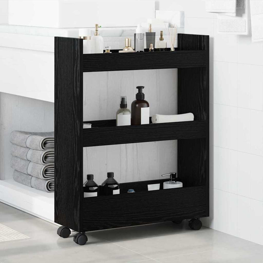 Smalle Opbergtrolley Zwart Eiken 60 x 22 x 80 cm Bewerkt hout