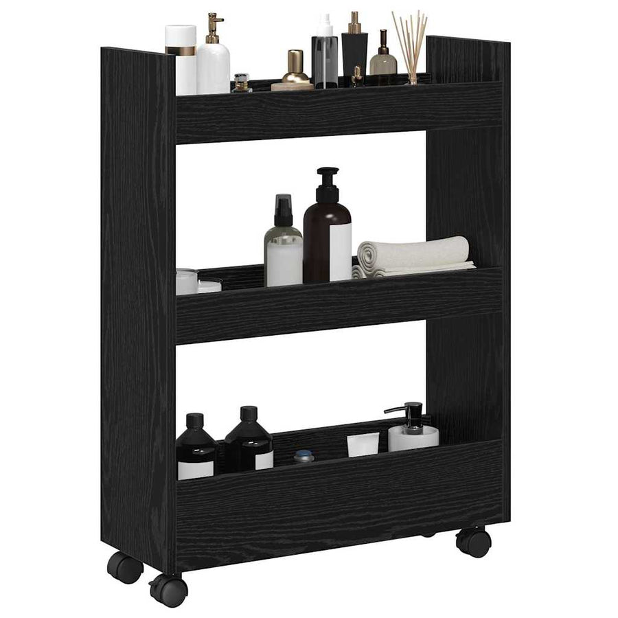 Smalle Opbergtrolley Zwart Eiken 60 x 22 x 80 cm Bewerkt hout