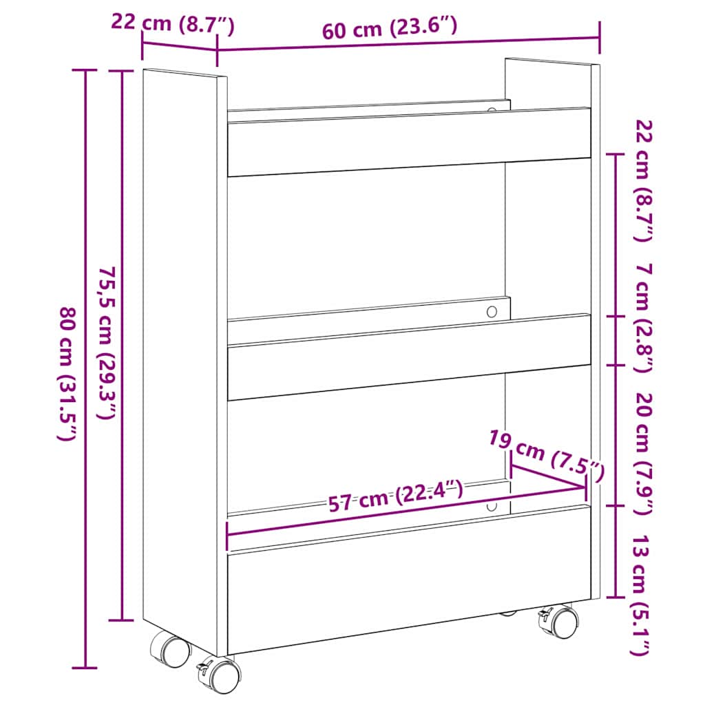 Smalle Opbergtrolley Zwart Eiken 60 x 22 x 80 cm Bewerkt hout